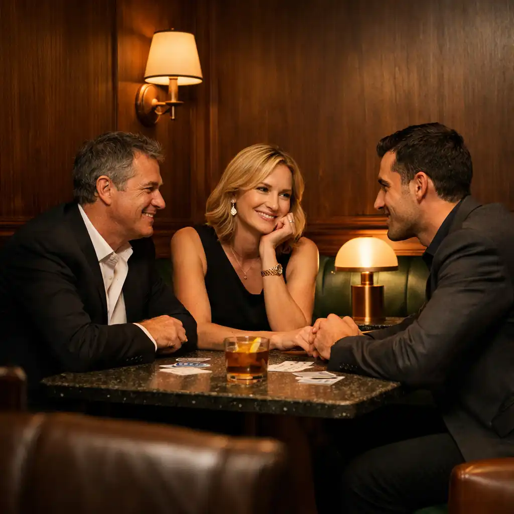 Three guests in conversation around a small table in the card lounge.