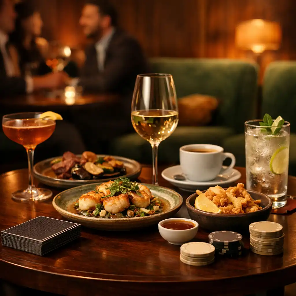 Contemporary shared dishes and drinks beside cards in the Card Lounge