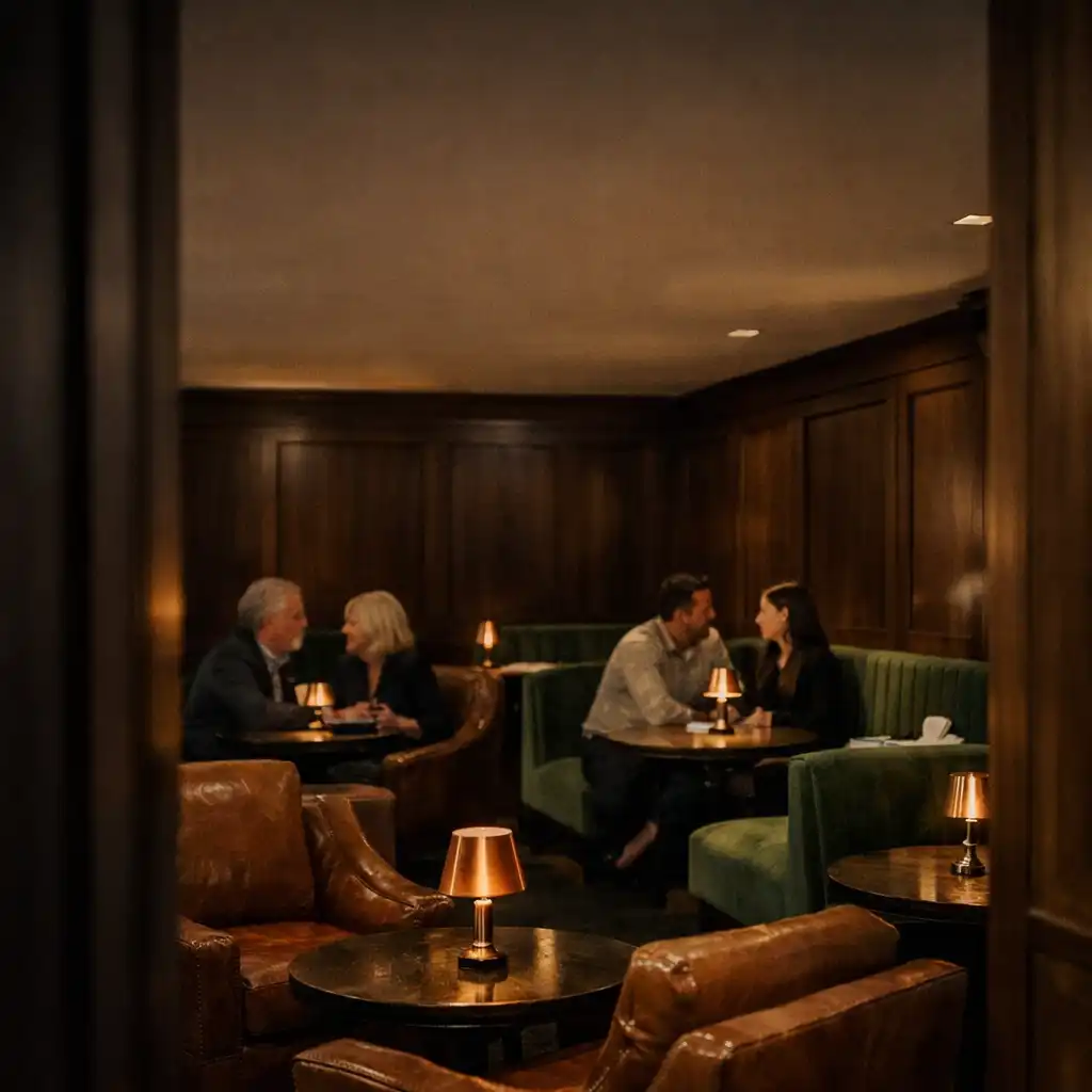 Leather armchairs and forest-green velvet banquette seating in the Card Lounge