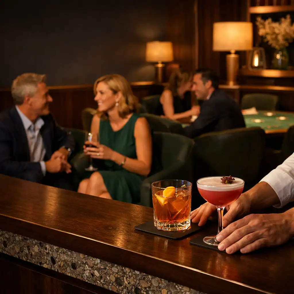 Guests talking in the card lounge while cocktails are placed at the adjoining table bar