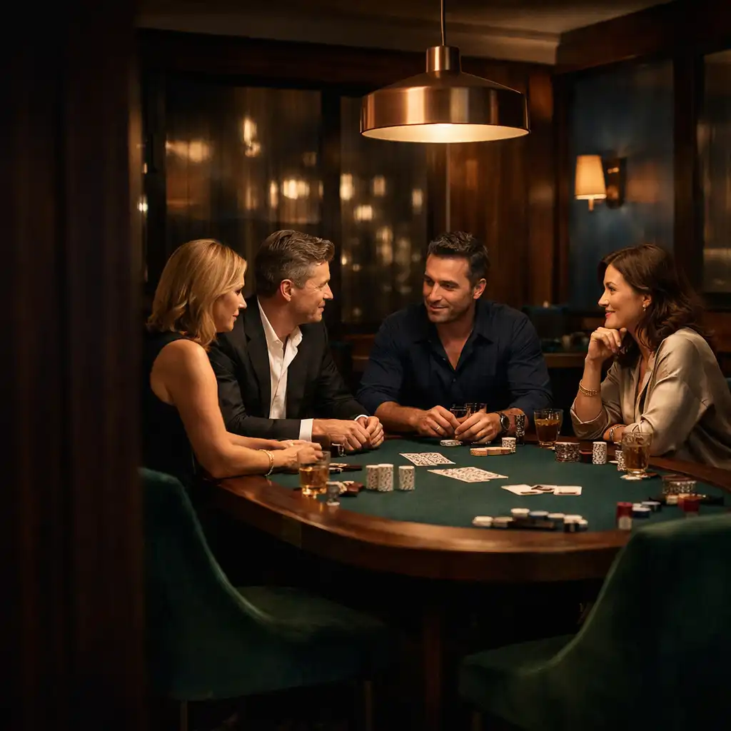 Friends in conversation around a dark timber card table in TheCuratedTablle Card Room