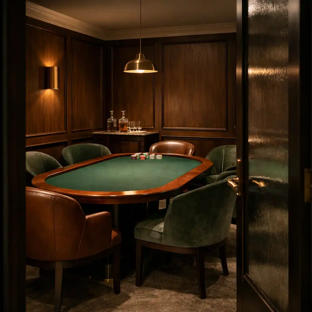 Forest-green poker lounge with card tables, leather chairs, cocktails and warm copper pendant lights