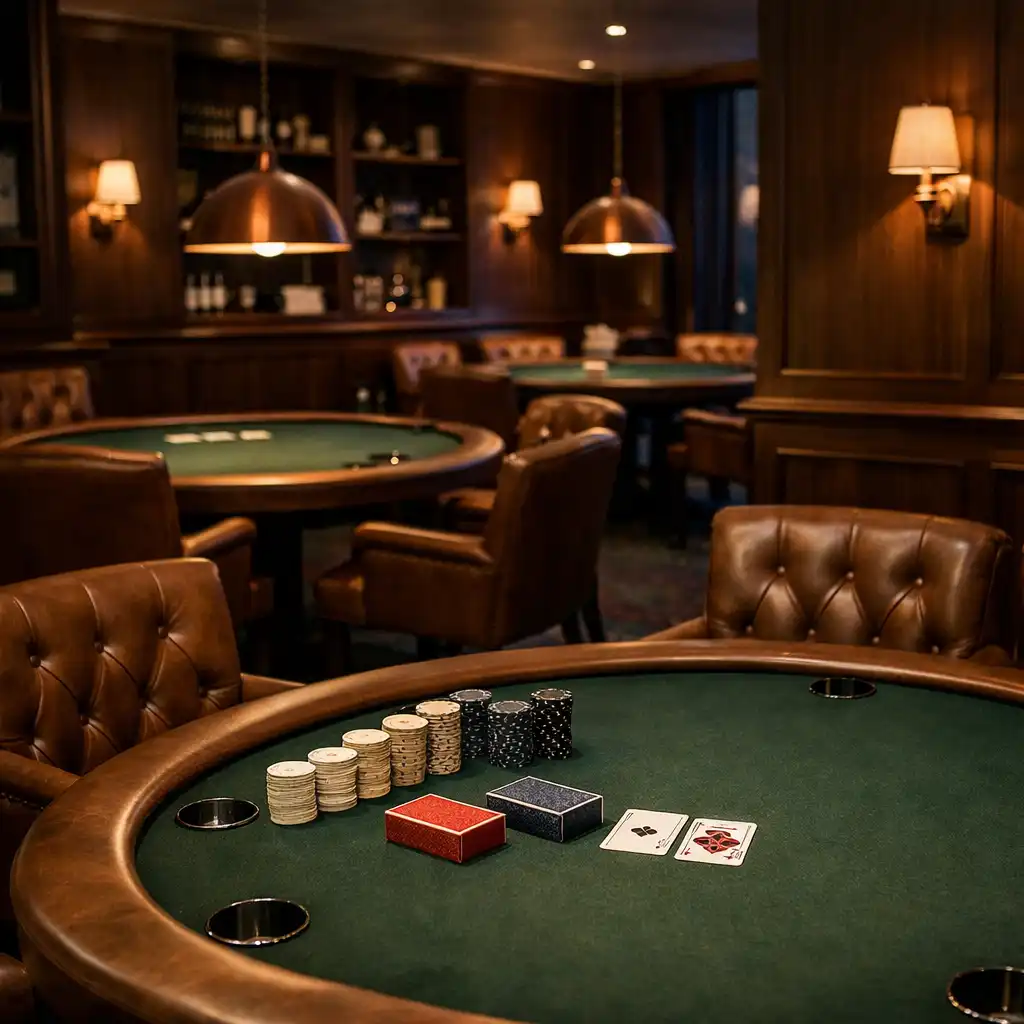 Several prepared poker tables within TheCuratedTablle dedicated card room.