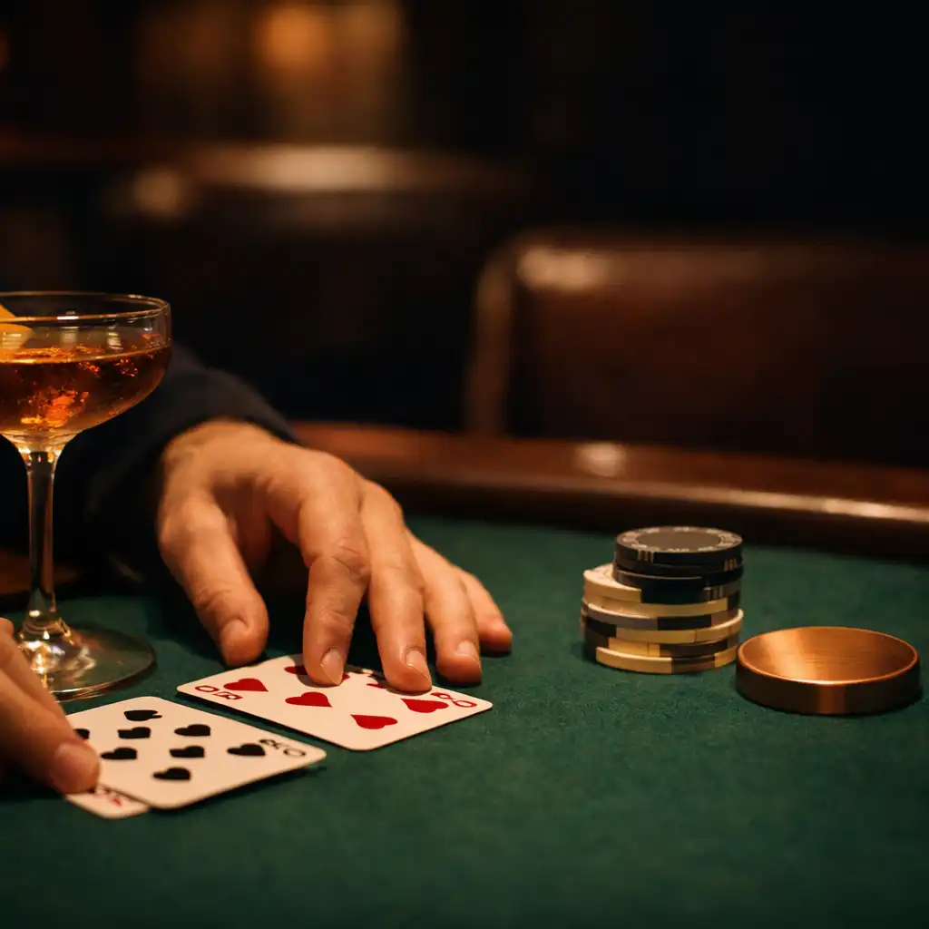 Hands, cards, a cocktail and neutral chips on forest-green felt at a poker table.