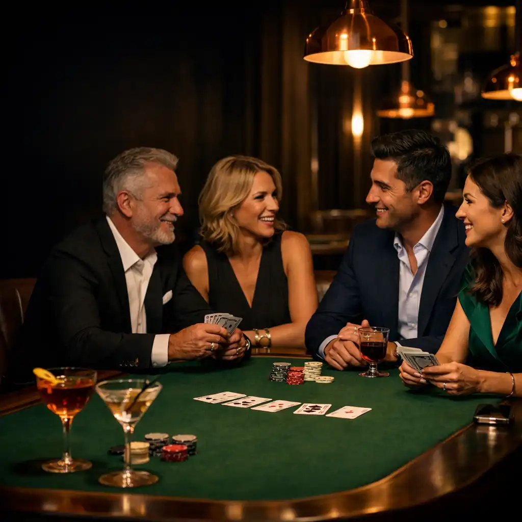 Guests talking around a forest-green felt poker table in TheCuratedTablle card room.