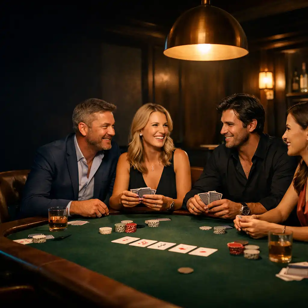 Friends gathered around a forest-green felt poker table in TheCuratedTablle card room.