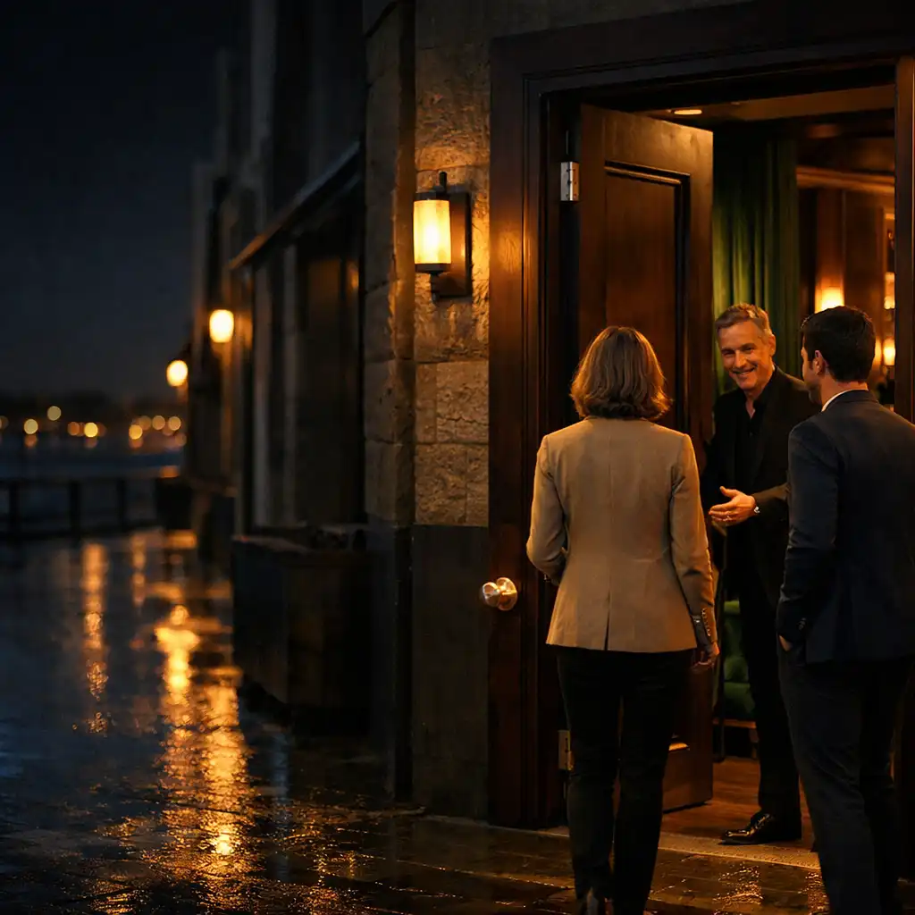 Two friends arriving at a warmly lit dark timber Sydney venue entrance at dusk.