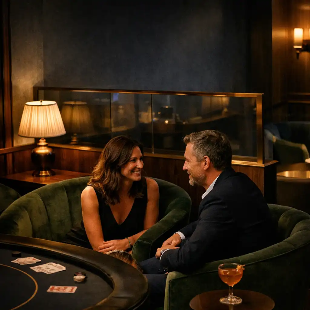 Guests talking in forest-green velvet seating beside a poker table in the card lounge.
