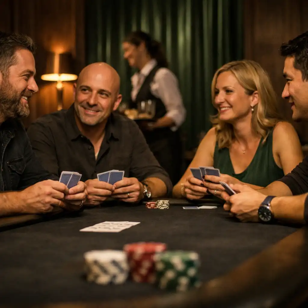 Four friends seated around a dark felt poker table during an in-person card session.