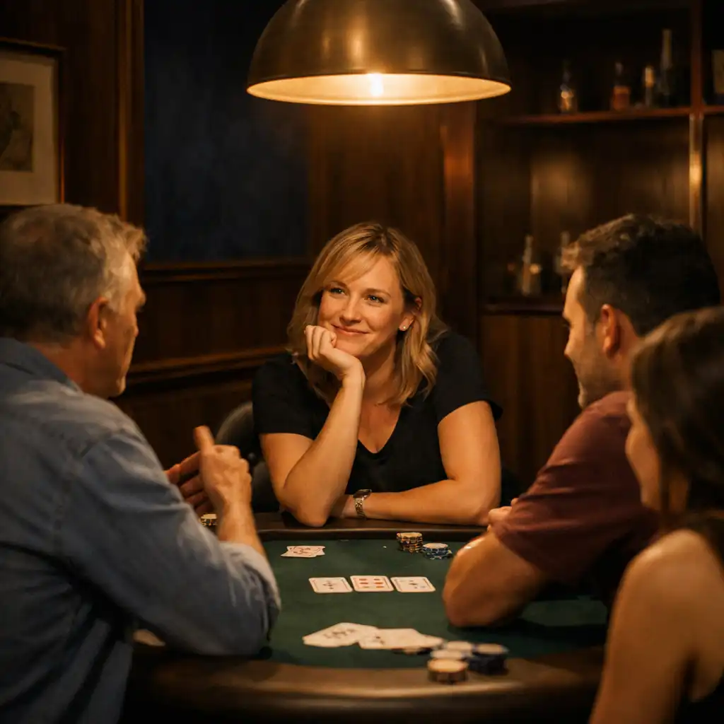 A small group continuing a calm card conversation around a green poker table late in the evening.
