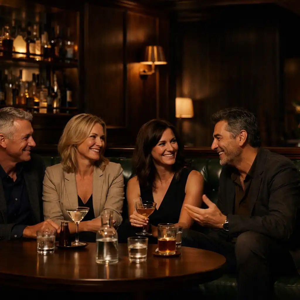A relaxed group with drinks in a leather and forest-green late-night lounge.