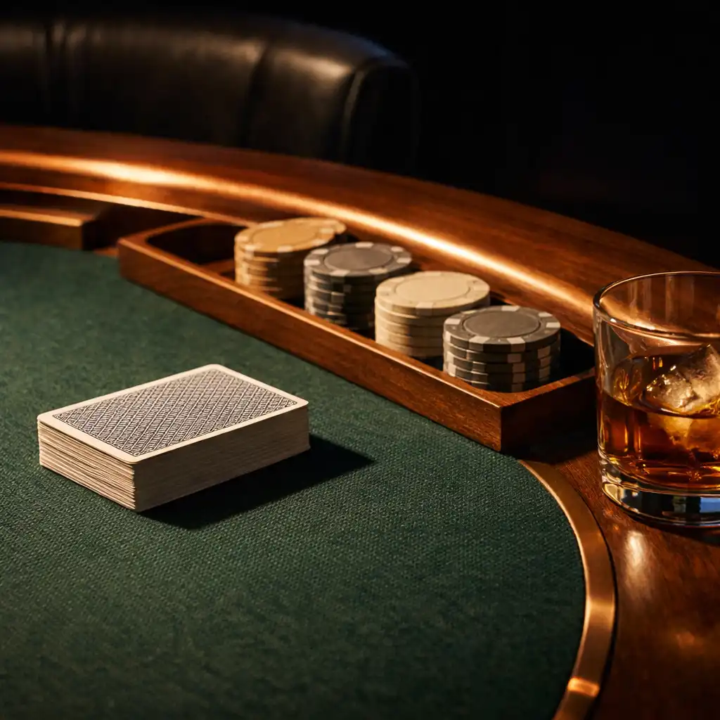 Close detail of green felt, playing cards, neutral chips and copper table hardware