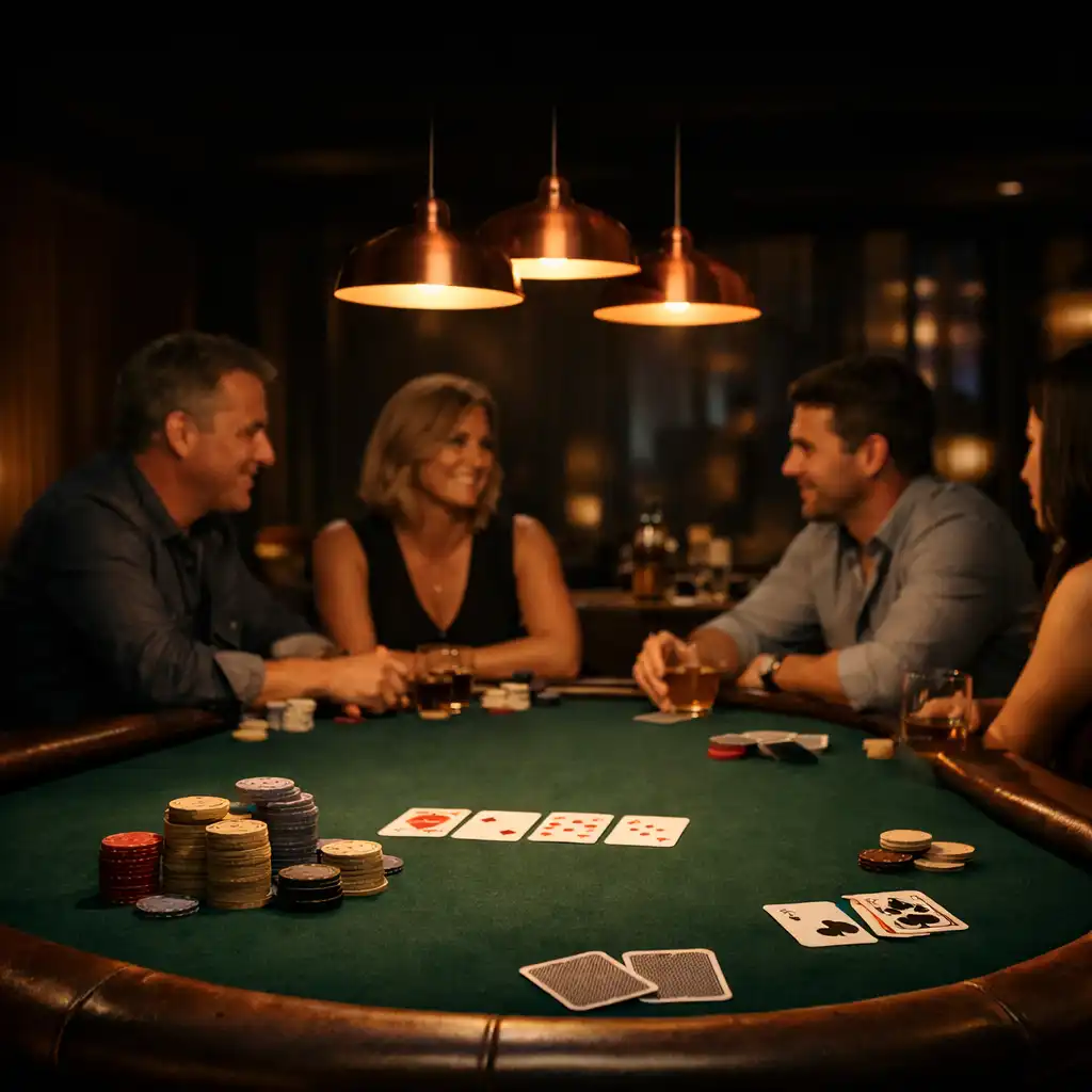 Guests seated around a forest-green felt poker table beneath warm pendant lights