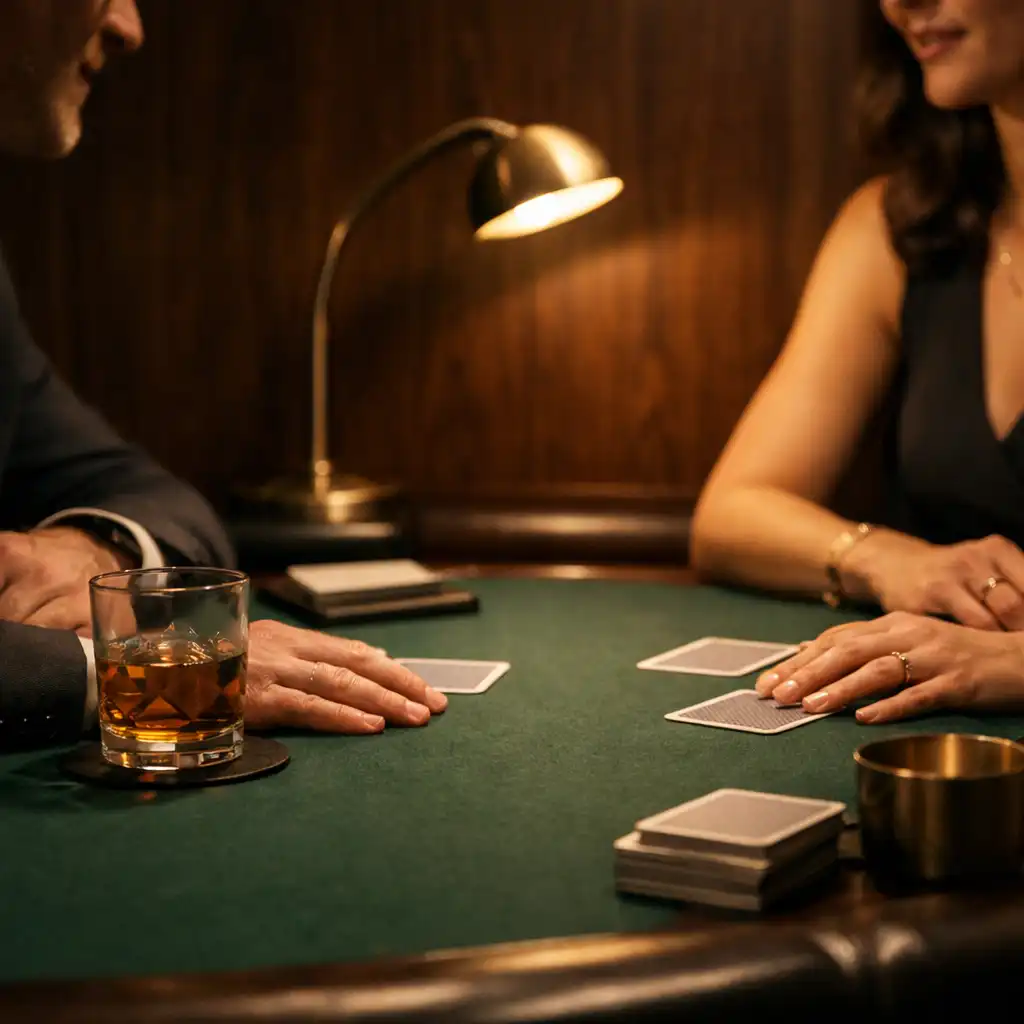 Two guests seated face-to-face at an intimate private poker table