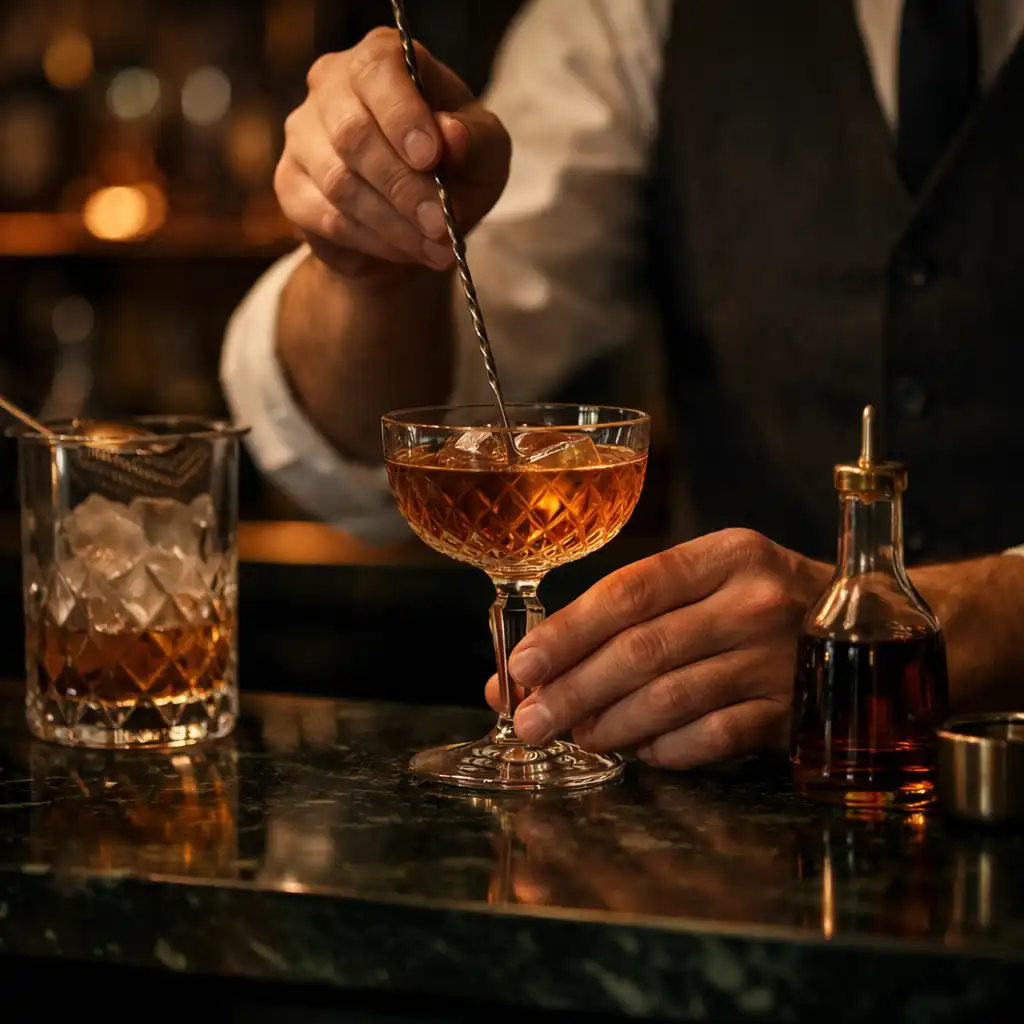 Bartender's hands preparing a cocktail with premium glassware at a dark stone bar