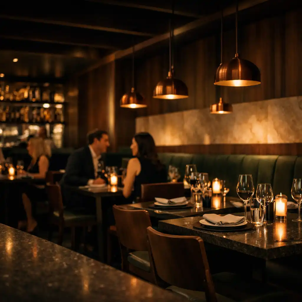Warmly lit dining tables and forest-green banquettes in TheCuratedTablle restaurant