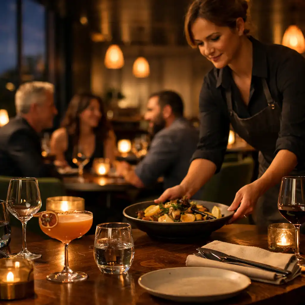 A server placing a dish in TheCuratedTablle dining room.