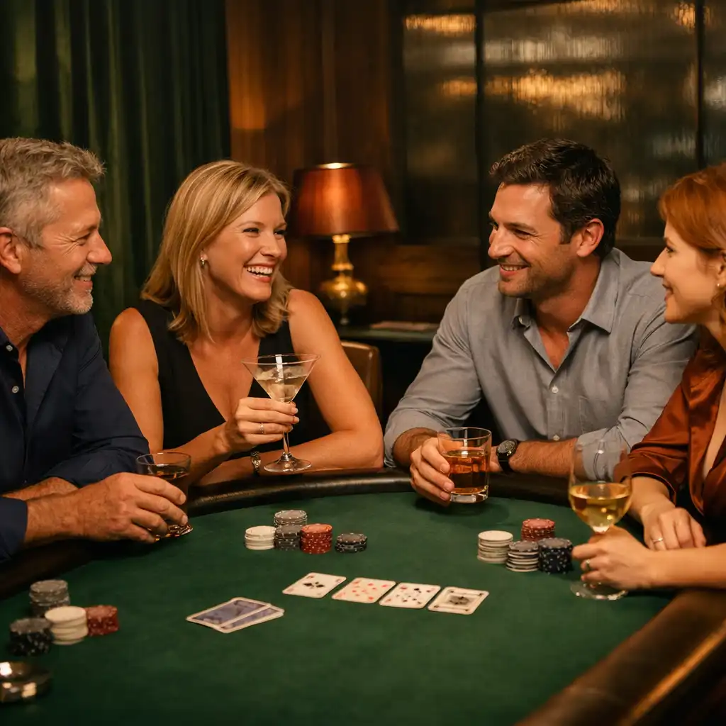Adult guests in conversation around a real poker table in the card lounge