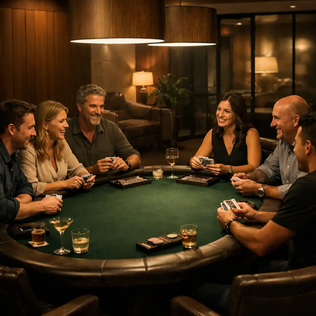 Friends in conversation around a wide social poker table